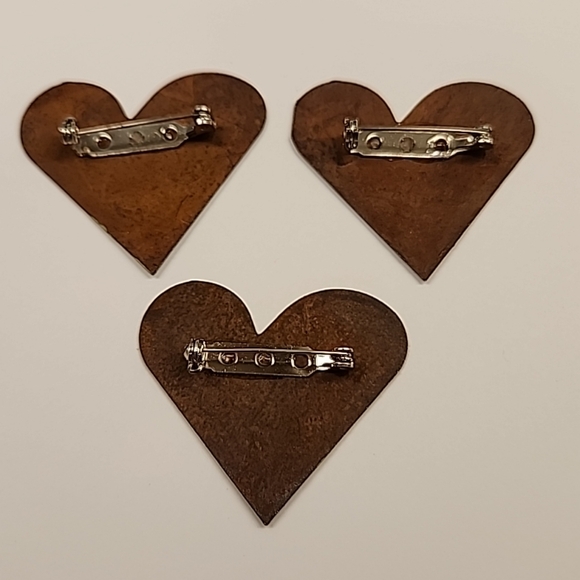 Primitive Folk Art Heart Shaped Brooches With Images of a Lamb, Cherry, & Cottag - Picture 7 of 10